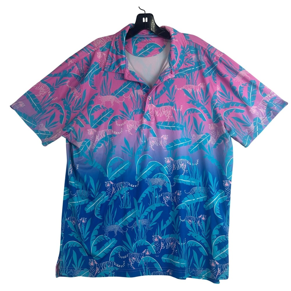 Chubbies The Weekend Has Arrived Polo Mens Large Pink Blue Ombre Jungle Tiger